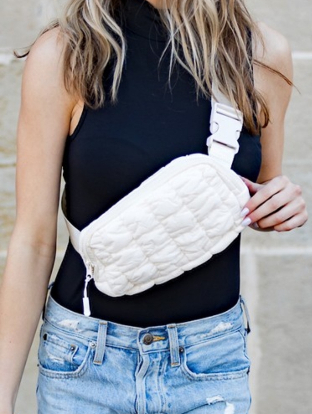 Cream Quilted Puffer Belt Bag | Chic Sling Crossbody Trend 🤍